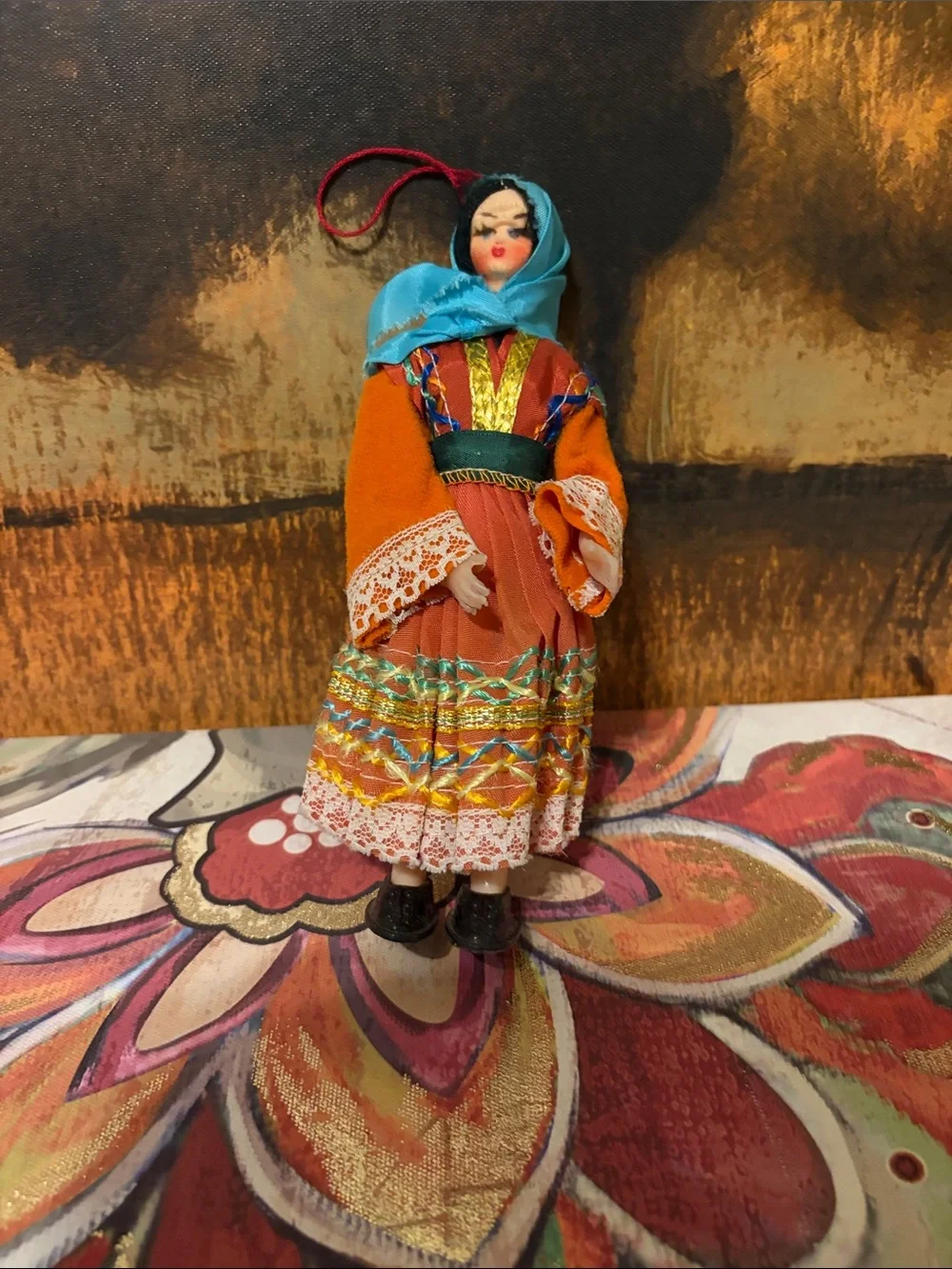 Handmade Orange Doll Ornament with Turquoise Scarf - Unbranded